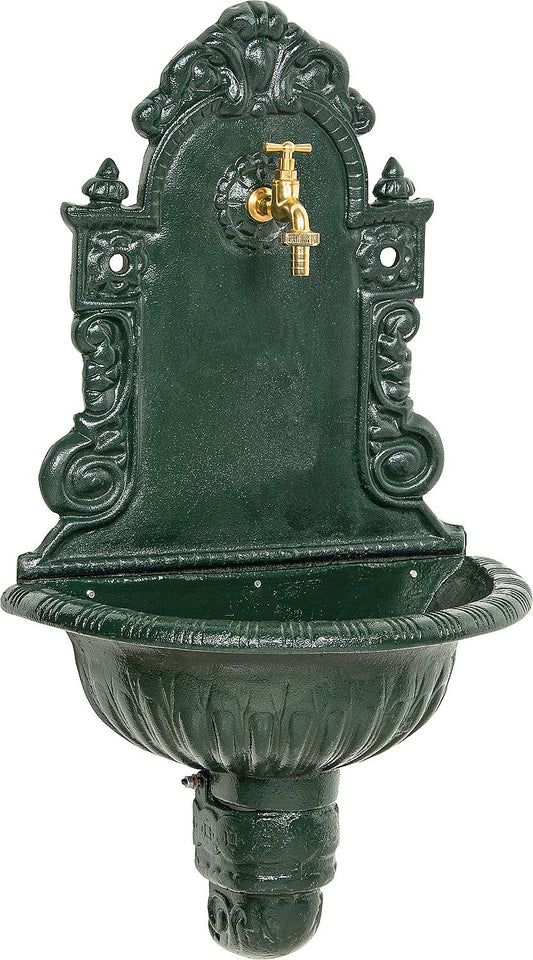 Fontaine murale en fonte grise et verte, avec vanne de sortie en laiton