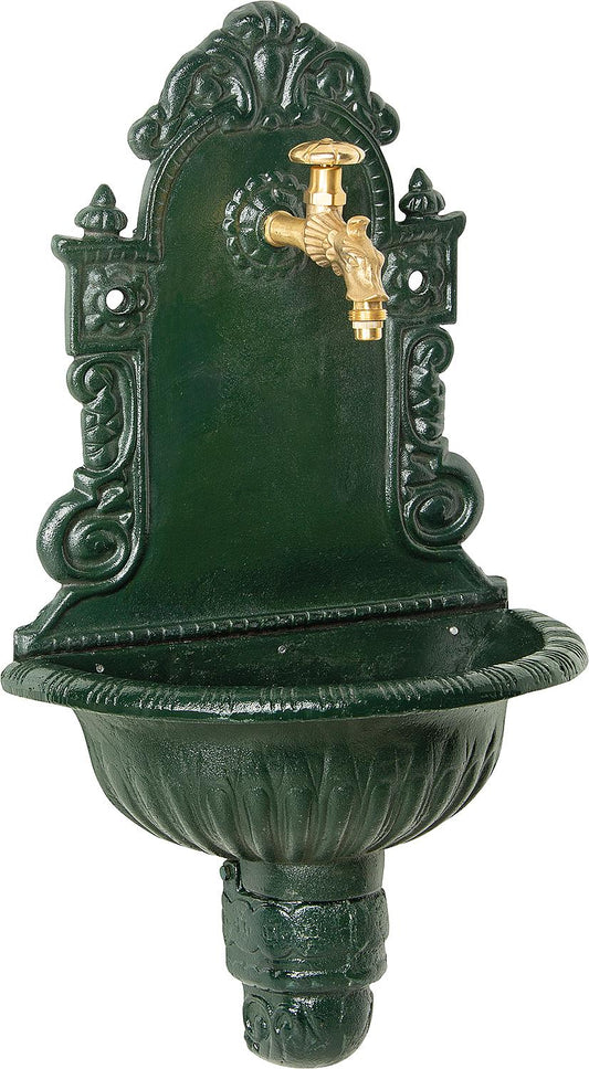 Fontaine murale en fonte grise et verte, avec vanne vintage en laiton