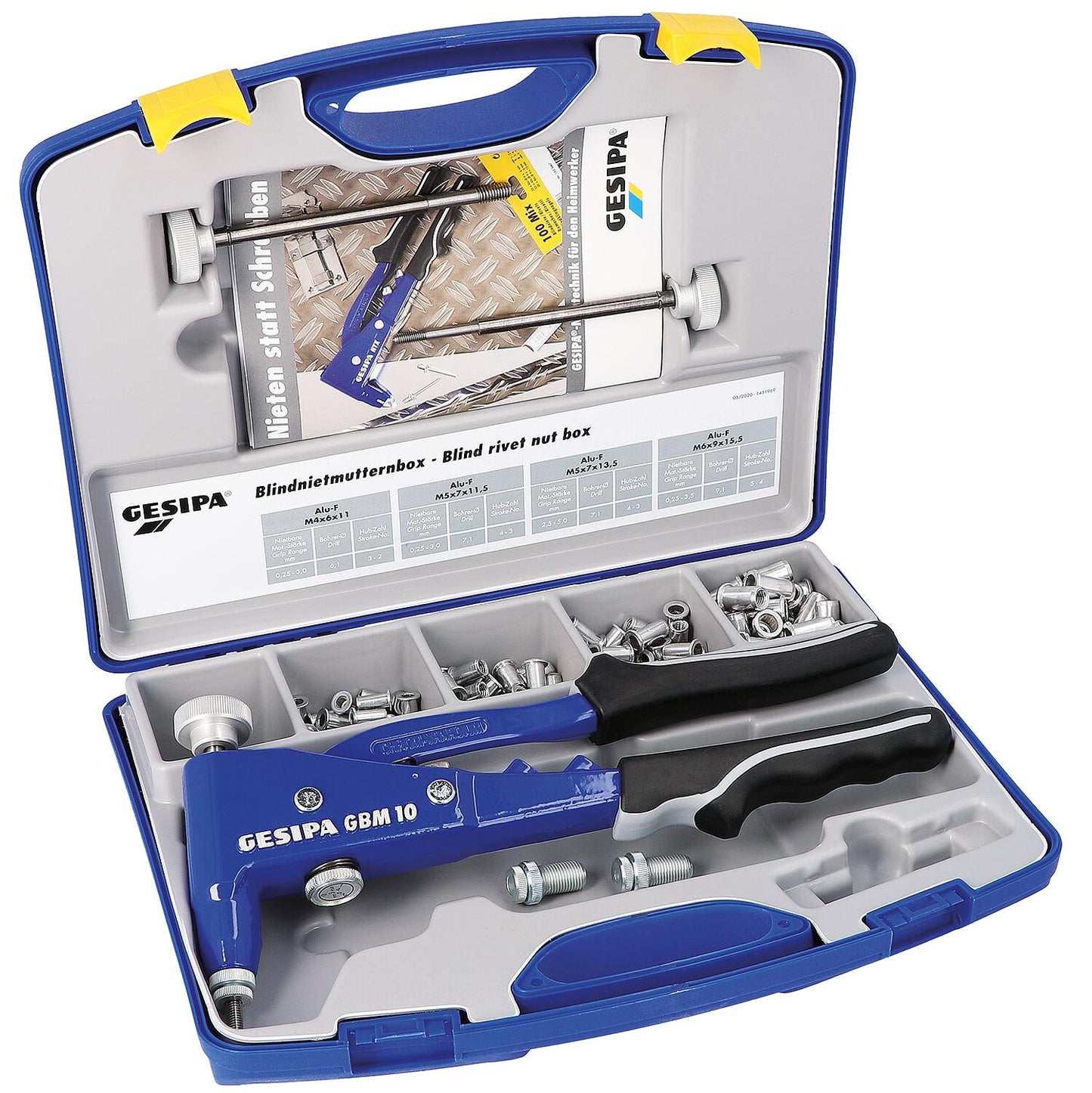 Kit de 193 écrous à sertir GESIPA comprenant une pince à sertir GBM et des écrous à sertir M4/5/6.