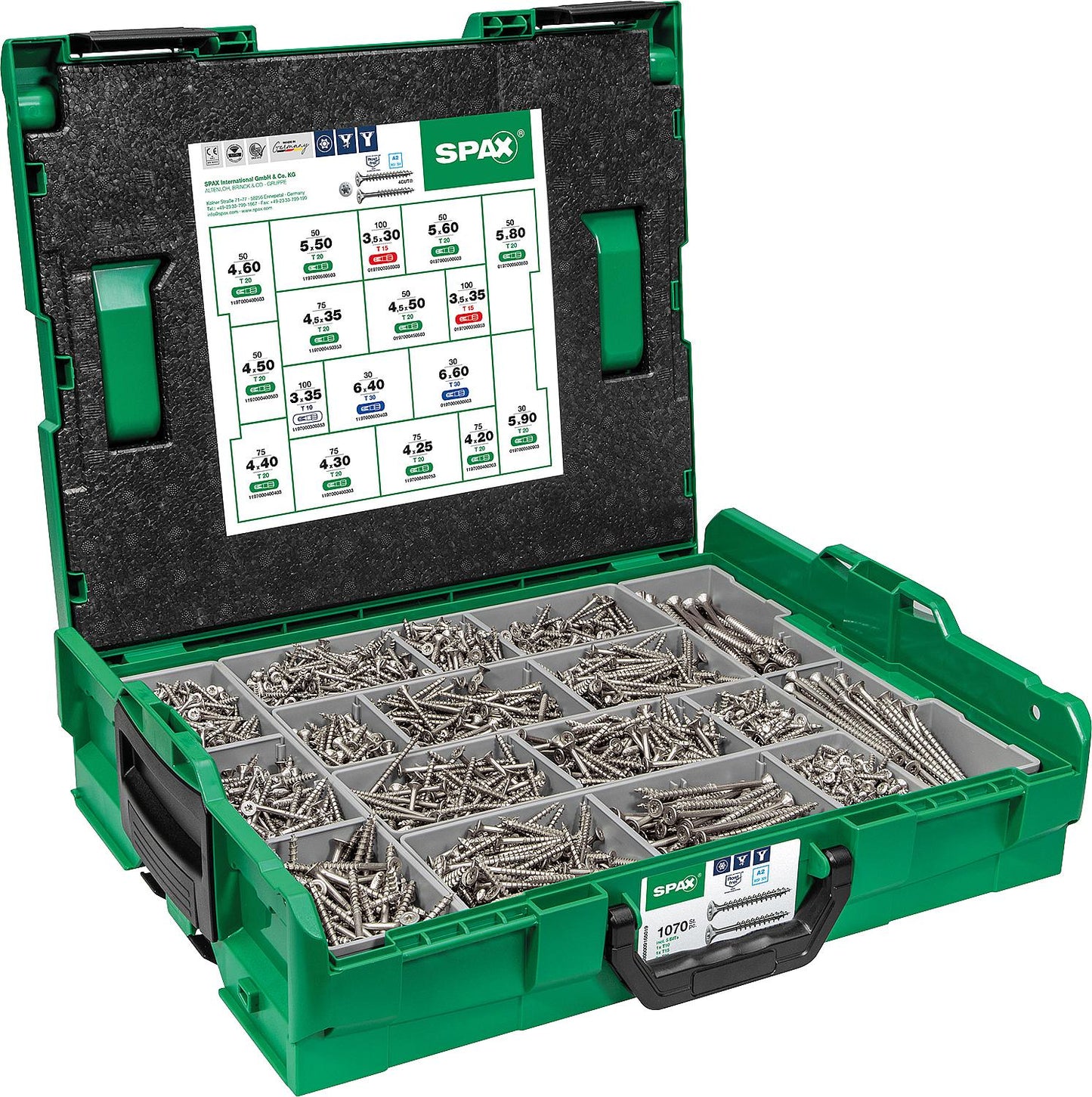 SPAX countersunk screw set, stainless steel A2 T-Star Plus, 1071 pieces in L-BOXX