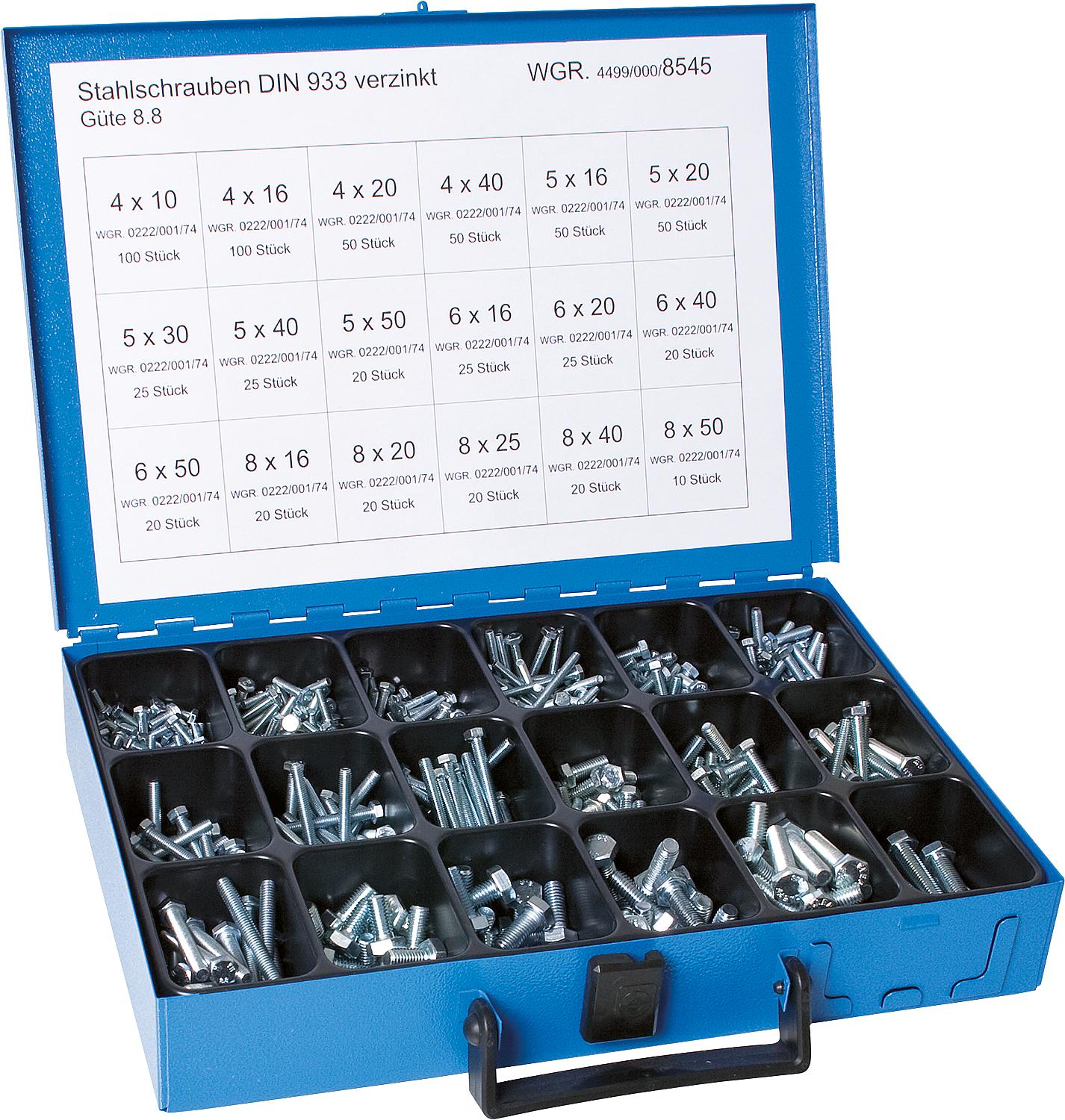 Assortment case filled with: Hex head screws DIN 933 8.8 zinc-plated