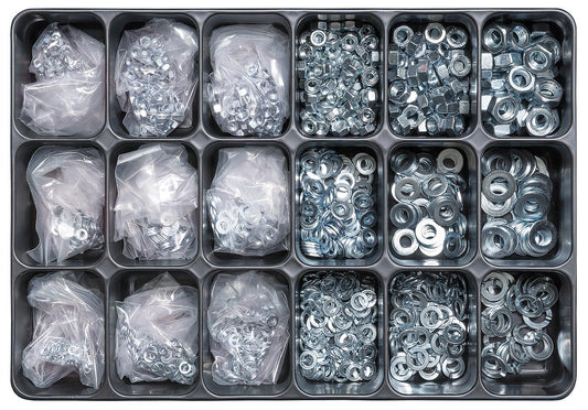 Assortment case filled with: nuts DIN 934 / washers DIN 125 / spring washers DIN 127 / galvanised