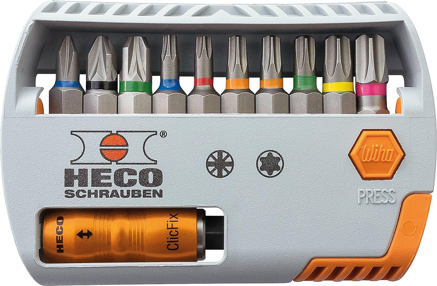 Sélecteur d'embouts HECO, entraînements HECO et Pozidriv, avec code couleur, coffret de 11 pièces comprenant ClicFix