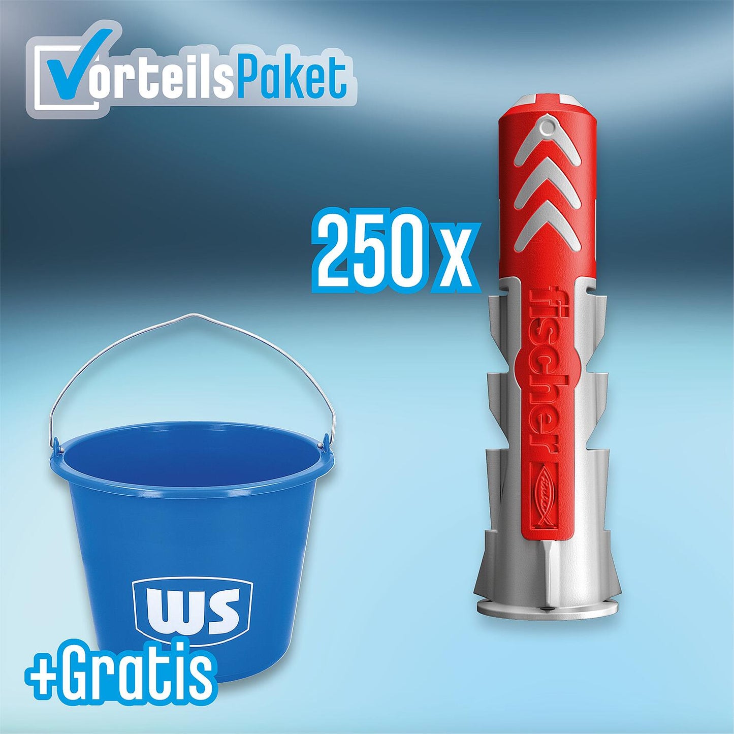 Vorteilspaket: Fischer Dübel DuoPower (10 x 50 mm), 250 Stück + Gratis WS-Baueimer