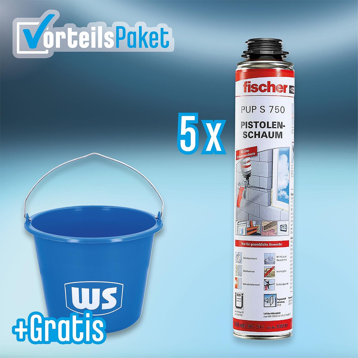 Vorteilspaket: Fischer Montageschaum PUP S 750 B2, 5 Stück à 750 ml + Gratis WS-Baueimer