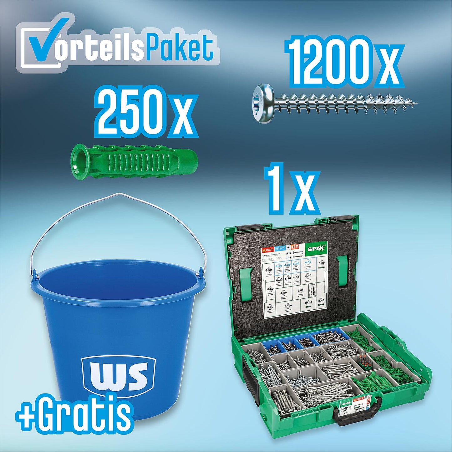 Coffret économique : assortiment de vis à tête ronde SPAX pour travaux électriques, en L-Boxx® 102, 1 457 pièces + seau de chantier WS offert