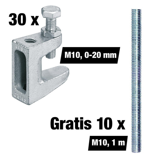 Value pack: M10 support clamps, clamping range 0-20 mm, 30 pieces + free M10 threaded rods, 1 m, 10 pieces