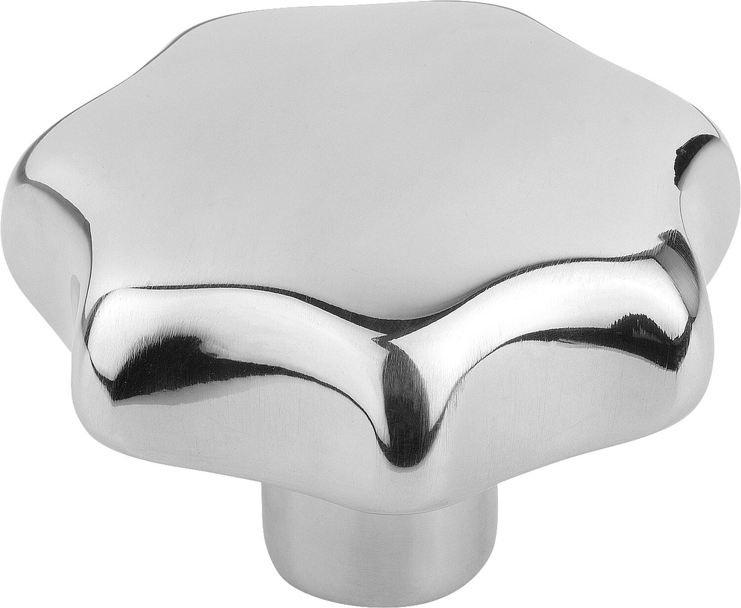 Bouton en étoile, forme inclinée E, meulé et poli, avec trou borgne fileté M12, acier inoxydable