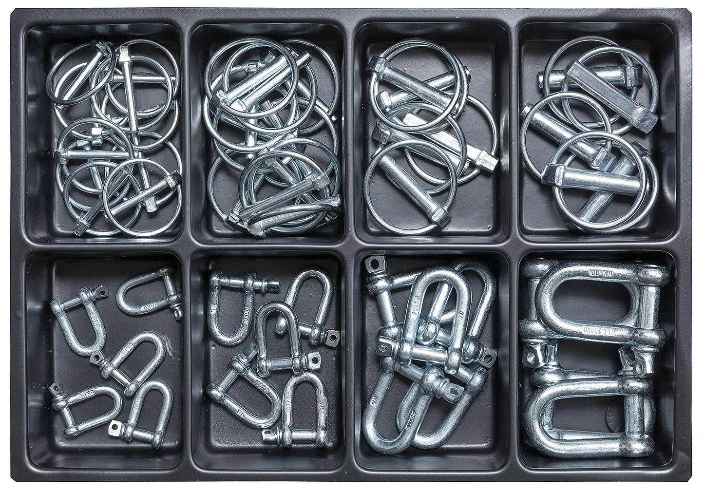 Assortment case of cotter pins and shackles, straight shape with collar bolts, galvanized.