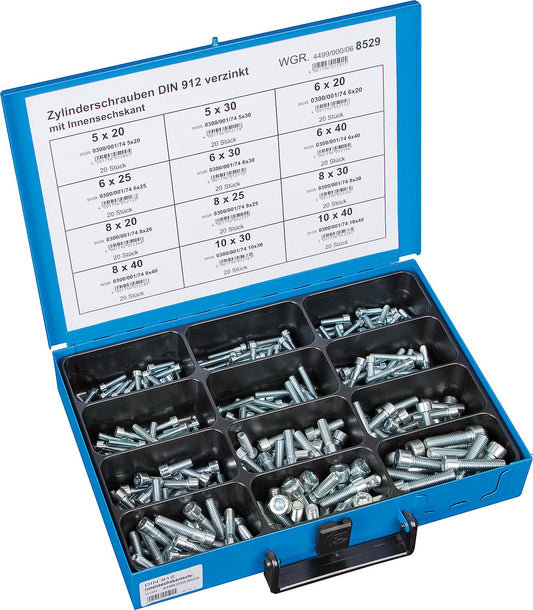 Assortment case of DIN 912 galvanized socket head cap screws, 240 pieces, in a metal case
