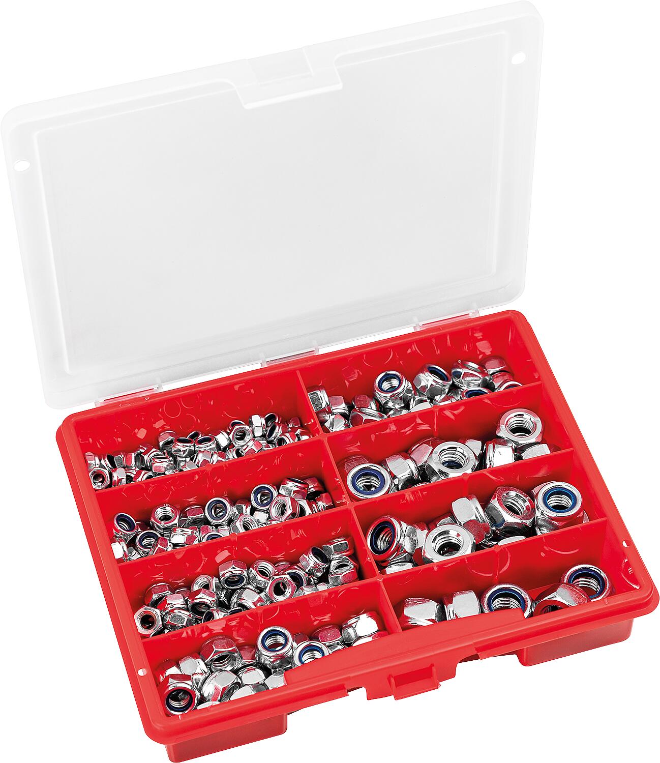 Assortment case of DIN985 lock nuts, electro-galvanized, 310 pieces