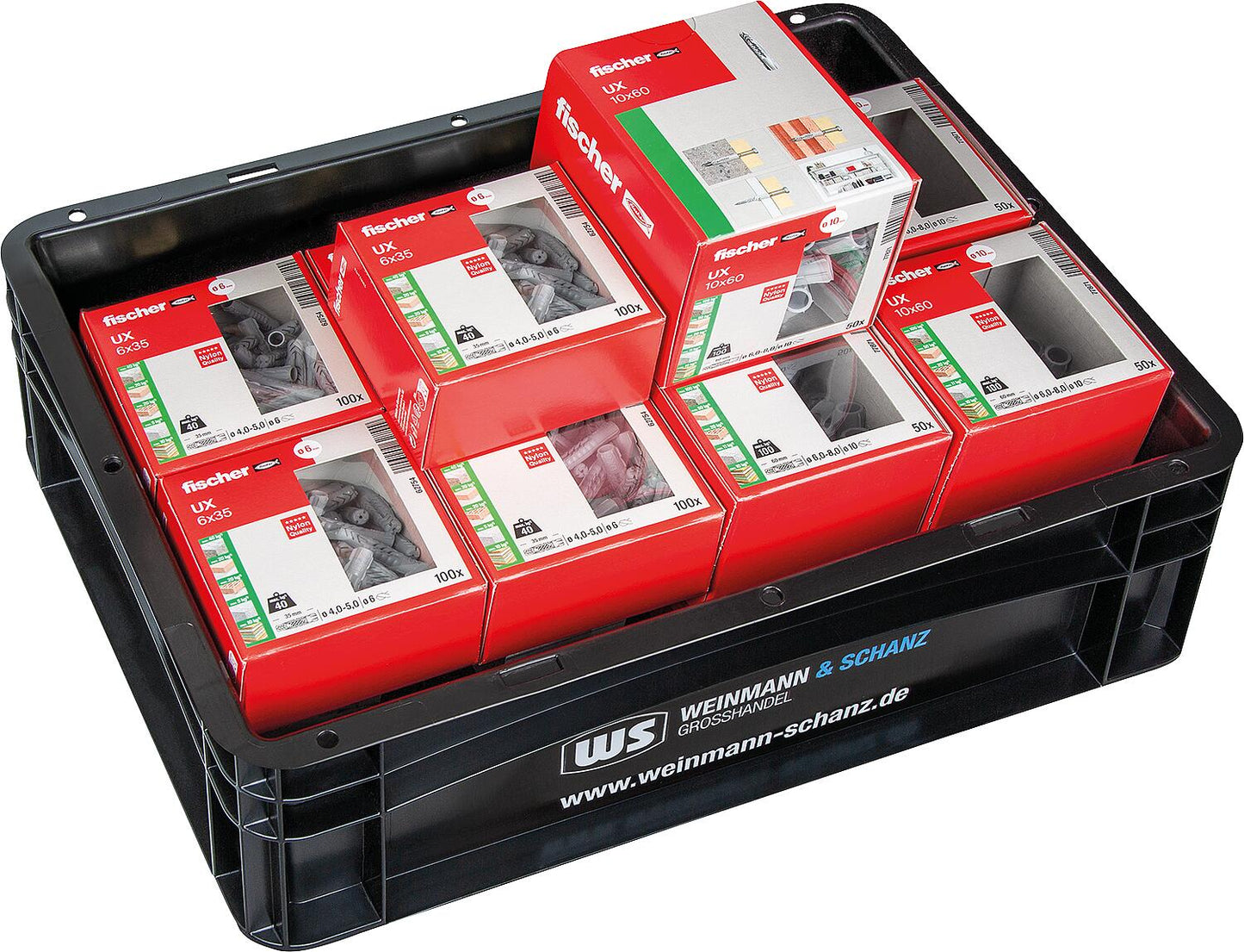 Pack économique WS + chevilles universelles Fischer UX (5 paquets de 6 x 35 + 5 paquets de 10 x 60), 750 pièces + boîte WS offerte