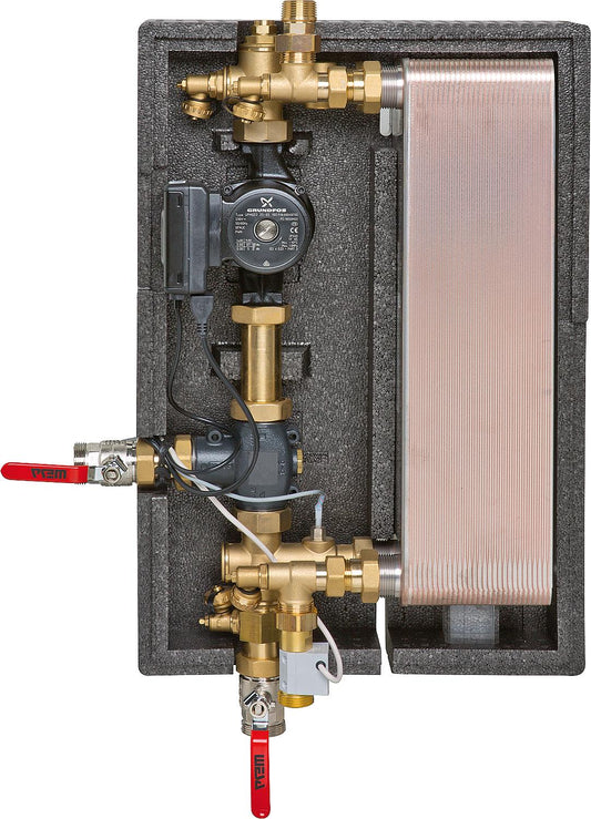 Frischwasserstation Typ Kiss Gr mit elektronischer Pumpe, mit pufferseitiger Maximaltemperaturbegrenzung