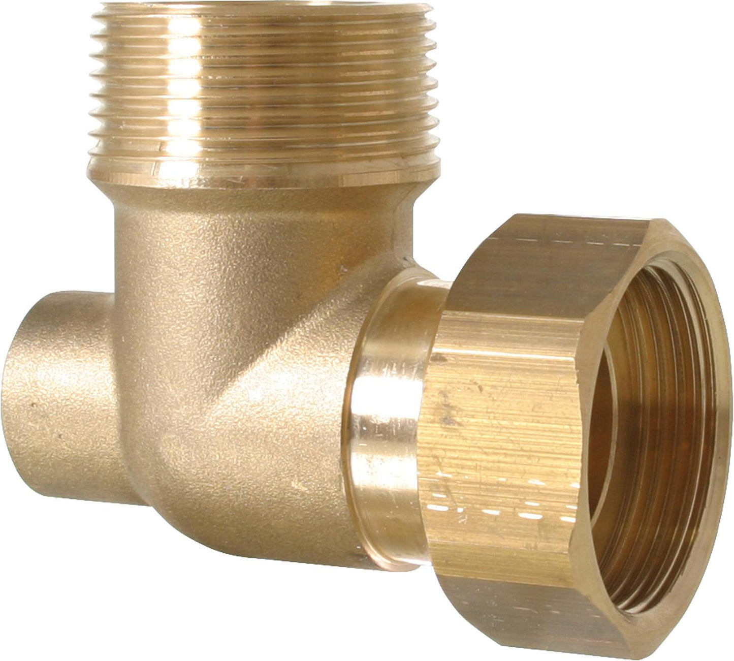 Corner fitting 1 1/4" male thread x 1" union nut with 1/2" female thread at an angle