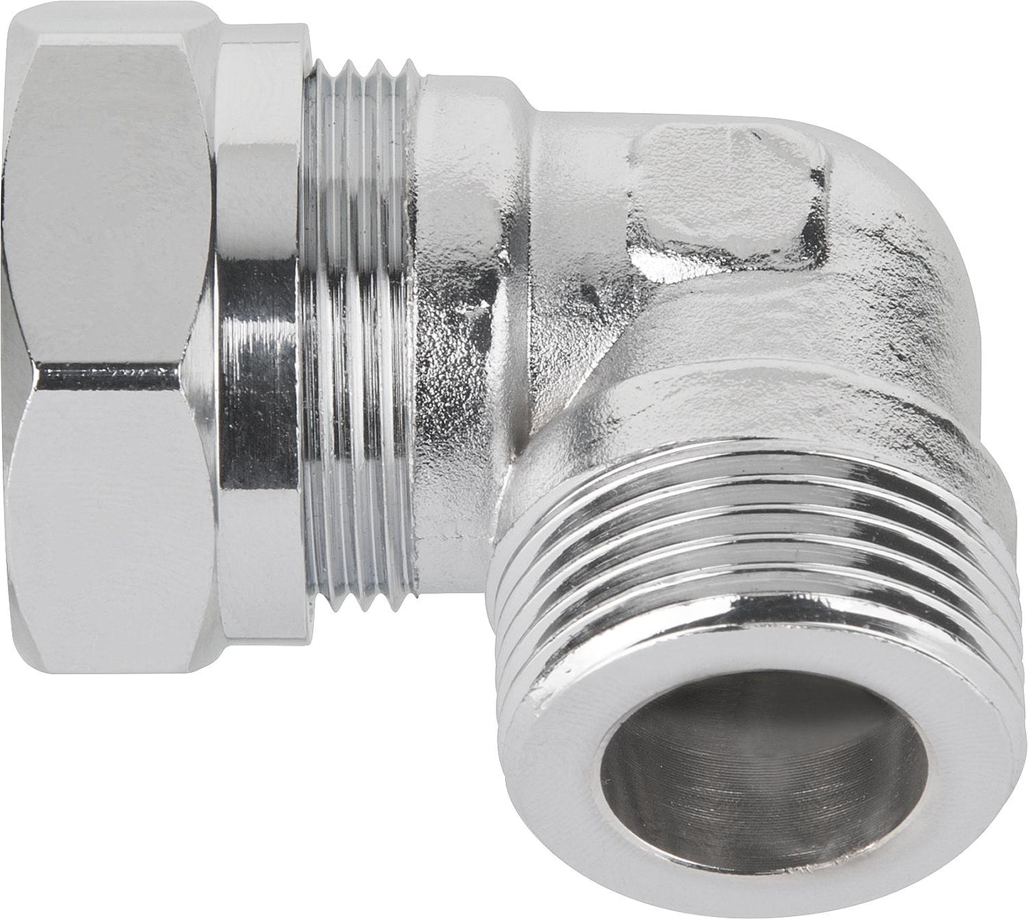 Compression fitting, elbow 22 x 3/4" male thread, flat sealing, chrome-plated brass