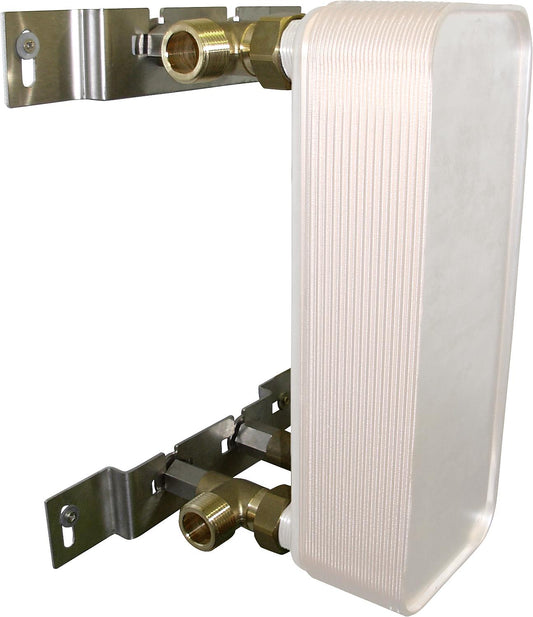 Wall mounting bracket for 1 1/4" heat exchanger including corner screws. 1 1/4" I/O, 1/2" plug.