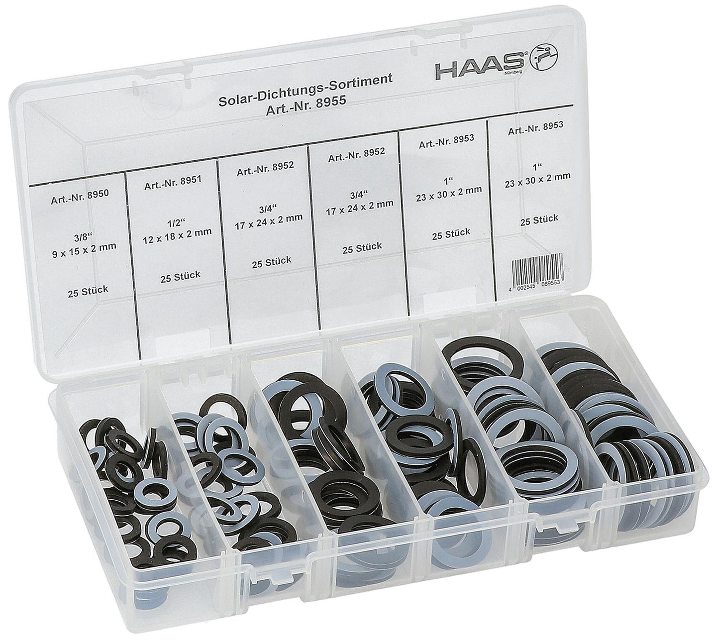 Solar sealing assortment Size: DN 10 (3/8") x DN 25 (1") Contents: 150 pcs.