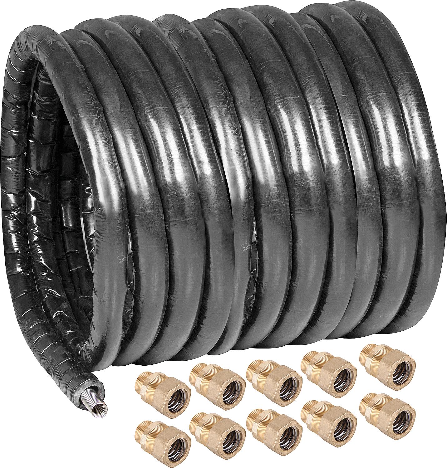 Spiral pipe set for heat pumps DN32, 25m with insulation and 10x screw connections 1 1/4" male thread