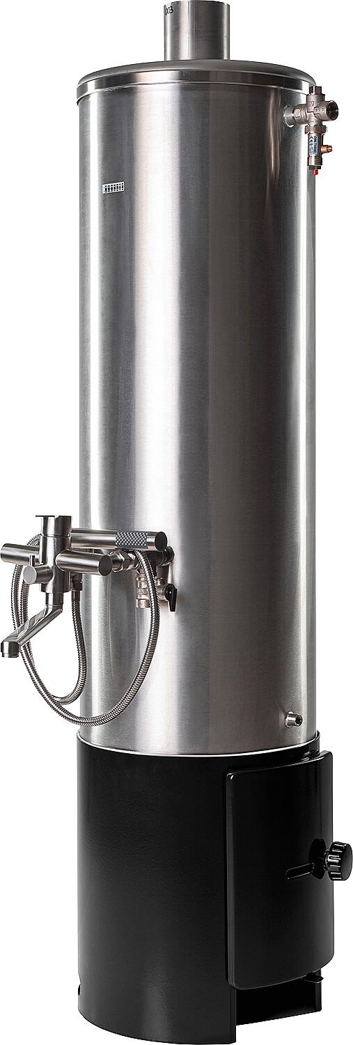 Badeofen druckfest D100 komplett - Oberofen Edelstahl 100L, Unterofen 100/6 schwarz, mit Einheblemischer