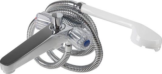 Mischbatterie mit automatischer Durchflussbegrenzung und integrierter Belüftung, Brausschlauch 1500 mm, Handbrause weiss