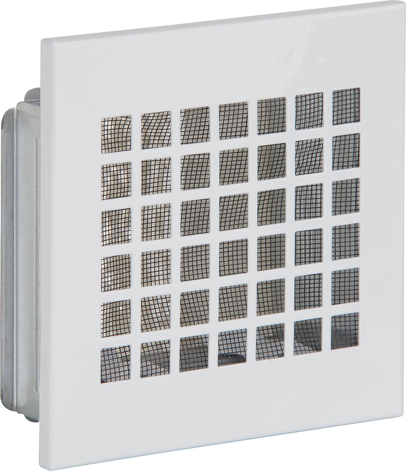 Ventilation grille with fly screen and mounting frame, 400 mm x 400 mm, white sheet steel