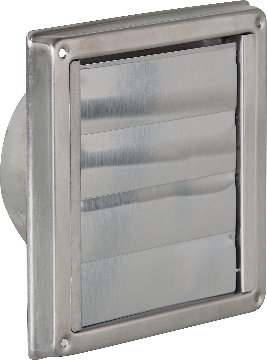 External locking flap, stainless steel (V2A), with self-closing louvers, connection diameter 150 mm, external dimensions 180 x 180 mm.