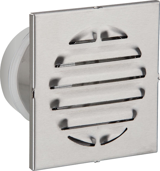 Wetterschutzgitter mit Stutzen V2A, Ø 150 mm, Länge: 100 mm Aussenmass: 200 x 200 mm eckig
