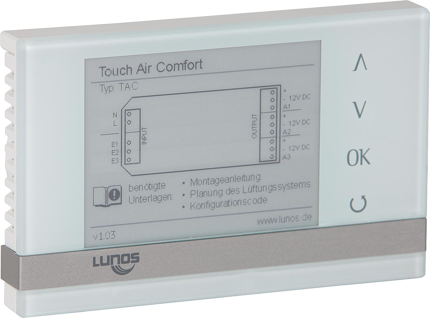 Unité de commande de confort Lunos Touch Air pour e² et E go, avec boîtier encastré