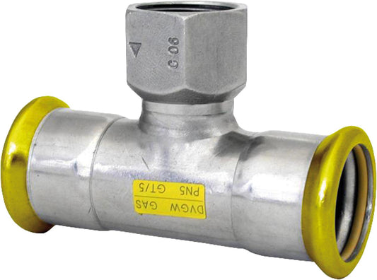 Stainless steel press fitting gas tee with female thread outlet, DN108x3/4"xDN108 M-profile