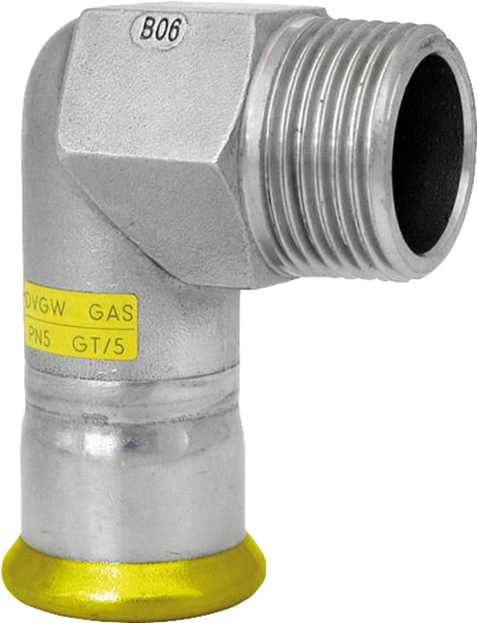 Stainless steel press fitting gas transition elbow 90° with male thread 35 x 1 1/4, M-profile