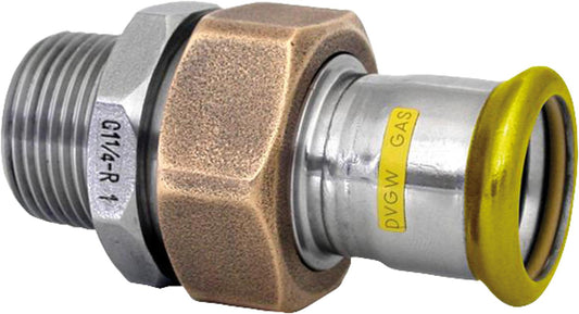 Stainless steel press fitting, gas through-connection with male thread, flat sealing, 54x2 M-profile