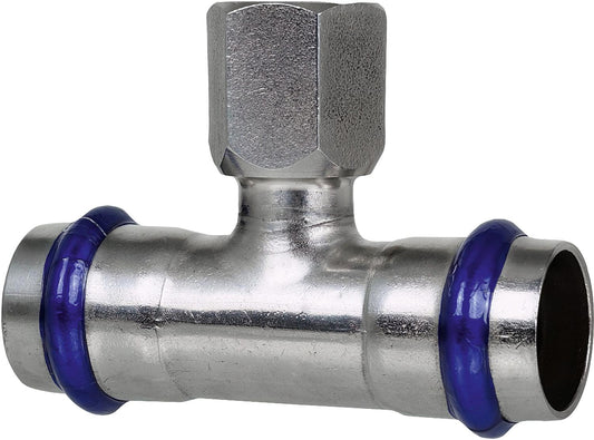 Stainless steel press fitting V-contour tee with female thread 54mm x DN 20 (3/4") x 54mm