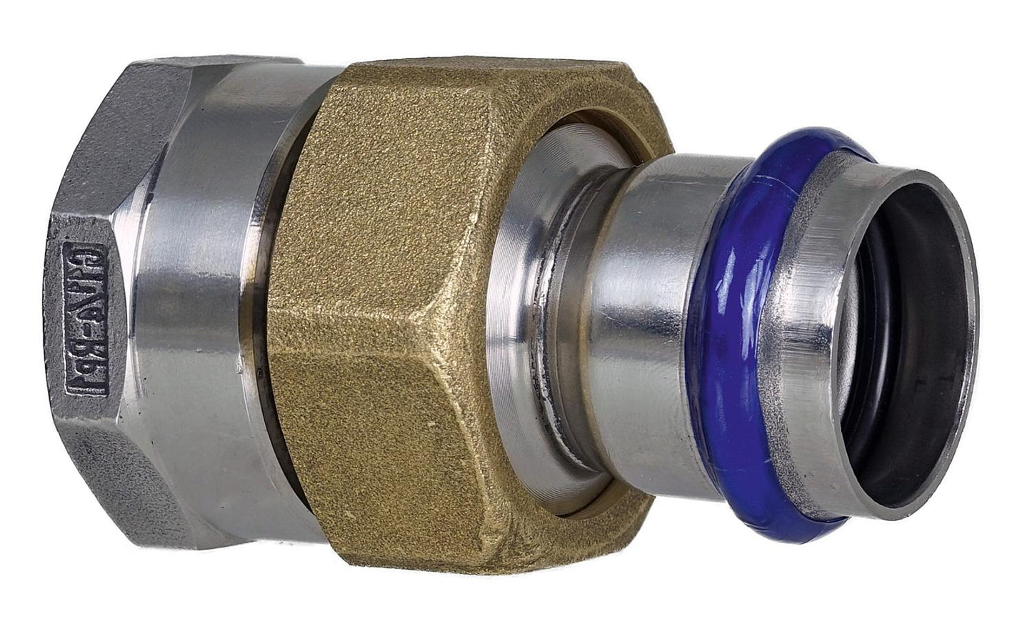 Stainless steel press fitting, V-profile, straight-through fitting with female thread, flat seal, 54 mm x DN 50 (2")