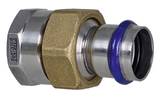 Stainless steel press fitting, V-profile, straight-through fitting with female thread, flat seal, 54 mm x DN 50 (2")