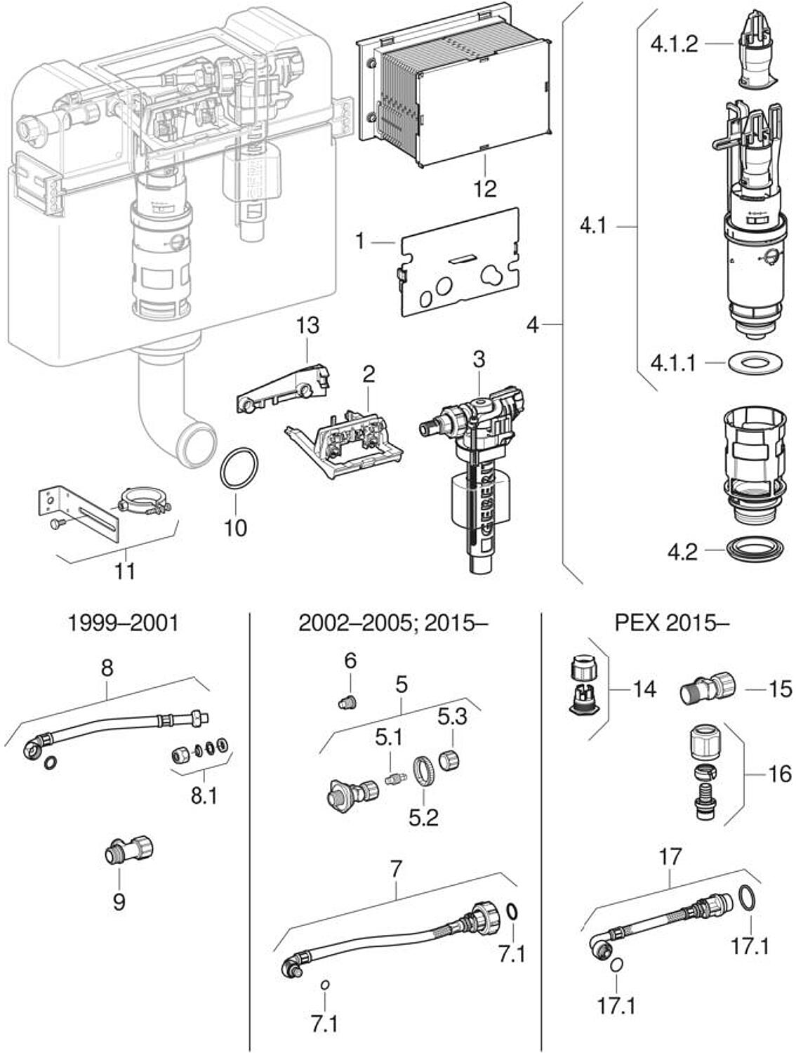 Pièces détachées pour réservoir encastré Kappa 15 cm (UP120, Artline) fabriqué entre 1999 et 2006